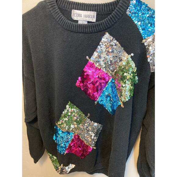 Vintage 80's Victoria Harbour Bright Sequined Long Sleeve Black Sweater Large - Picture 6 of 8